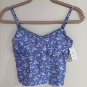 Blue Floral Lace-Trim Cami Top